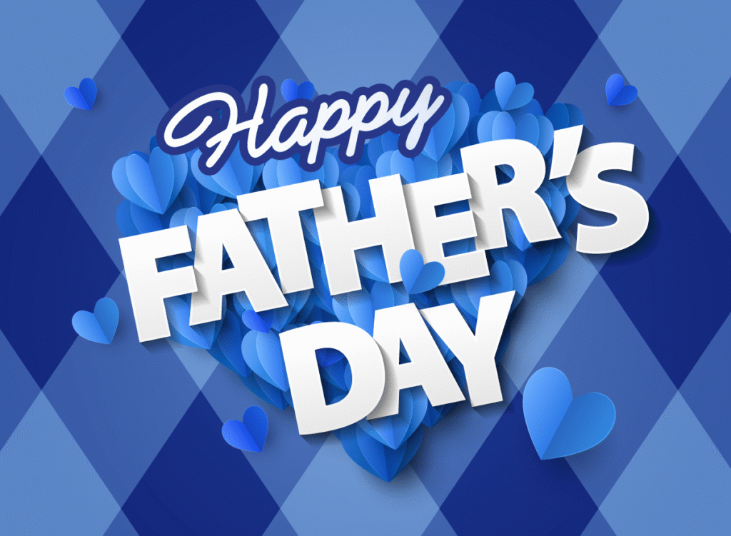 Digital card showing bold white text that reads "Happy Father's Day" over a heart-shaped cluster of blue hearts. The background features a blue diamond pattern, conveying a celebratory tone.